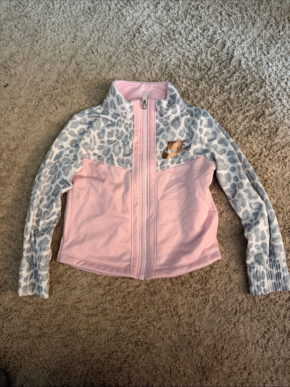 Nike Girls' Pink Jacket with Gray Leopard Print and Gold Logo